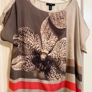 Alfani Taupe Floral Scoop-Neck Blouse with Red Accent